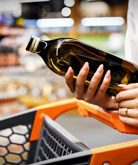 Individual holding a dark glass bottle of olive oil while standing next to a shopping cart. - Olive Oil Times