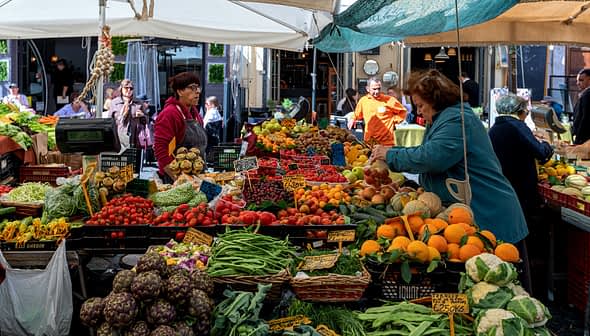 A market stall filled with various fresh fruits and vegetables, including tomatoes, oranges, and leafy greens. - Olive Oil Times