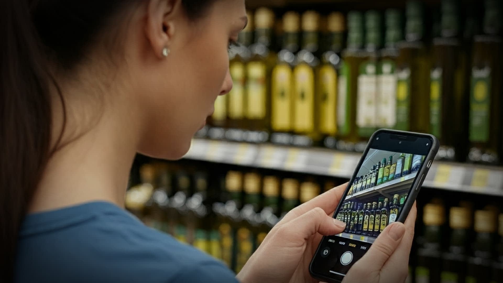 A woman photographing olive oil bottles on a shelf using a smartphone in a store. - Olive Oil Times