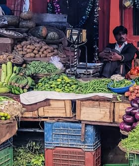 A variety of fresh vegetables displayed in baskets at a market, with a vendor seated nearby. - Olive Oil Times