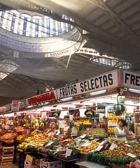 Market stall displaying a variety of fruits and vegetables under a large skylight. - Olive Oil Times
