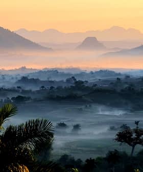 A misty landscape featuring mountains and valleys during sunrise with soft light and fog. - Olive Oil Times