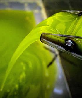 Green olive oil being poured from a metal spout into a container. - Olive Oil Times