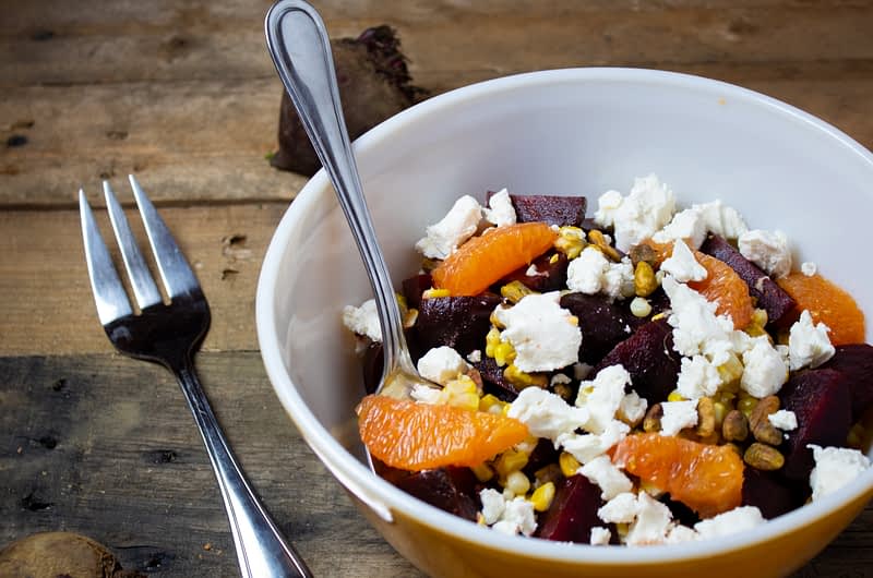 Roasted Beet Salad with Sweet Corn, Goat Cheese and Pistachios