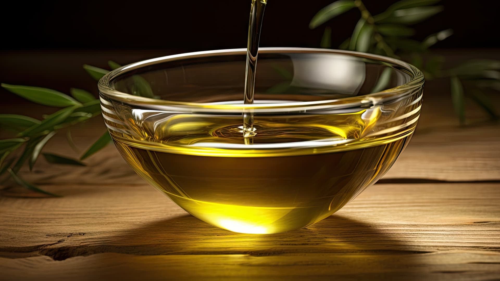 A clear glass bowl filled with olive oil, with olive branches placed nearby on a wooden surface. - Olive Oil Times