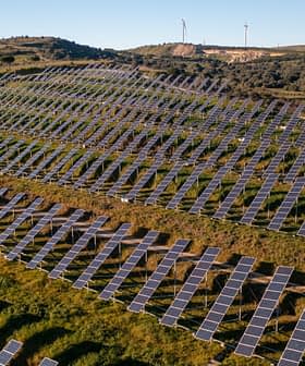 Aerial view of solar panels arranged in rows on a hillside with wind turbines in the background. - Olive Oil Times