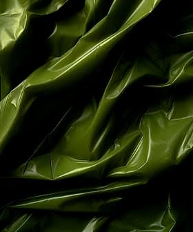 Wrinkled, shiny green fabric with light and shadow creating dynamic folds.
