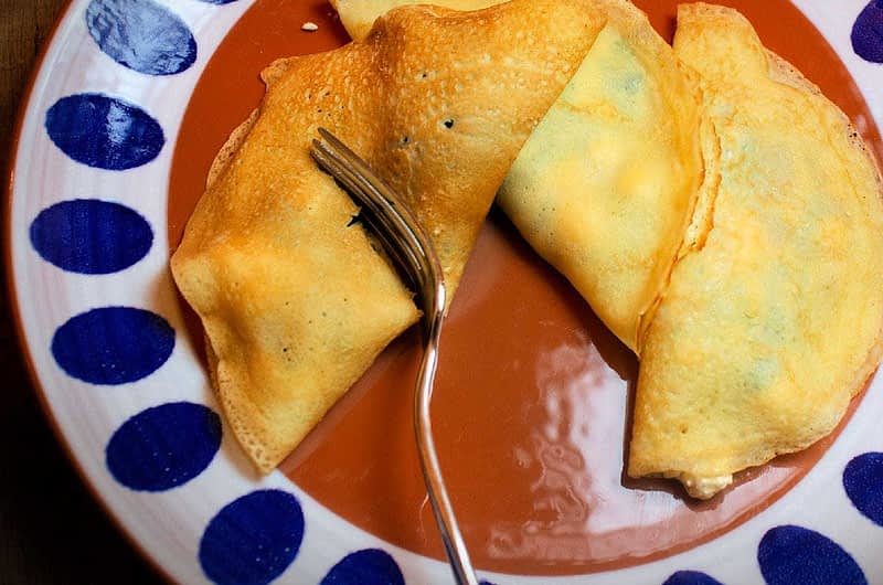 Savory Olive Oil Crepes with Caramelized Onions, Spinach and Feta 