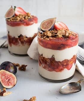 Tahini-Yogurt Mousse Parfaits with Fig and Strawberry Olive Oil Compote