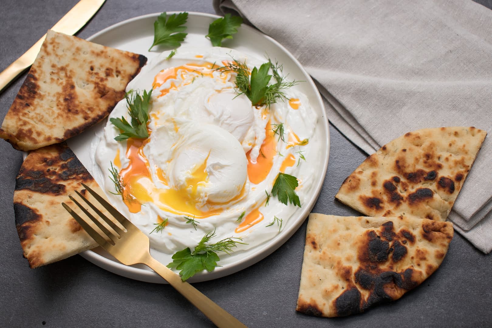 Poached Eggs and Yogurt with Smoky Pepper Infused Olive Oil