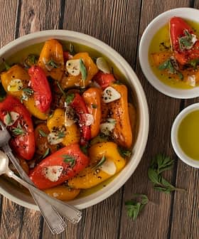 Bowl of roasted bell peppers with garlic and herbs, served with olive oil on the side. - Olive Oil Times