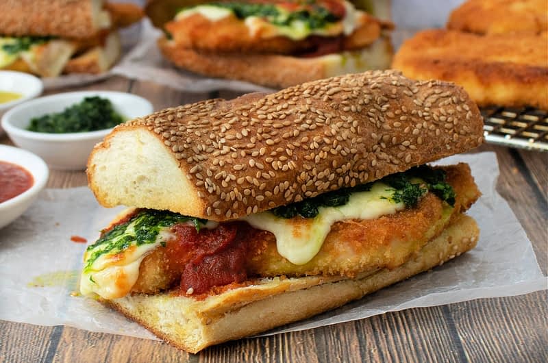 Olive Oil Crispy Chicken Parm with Quick Pesto