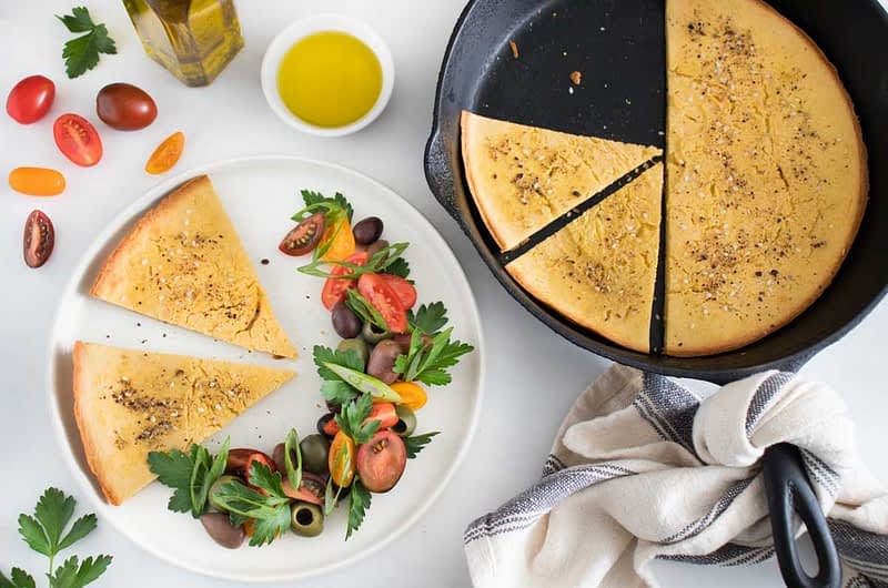Socca (Chickpea Flatbread) with Tomato Olive Salad 