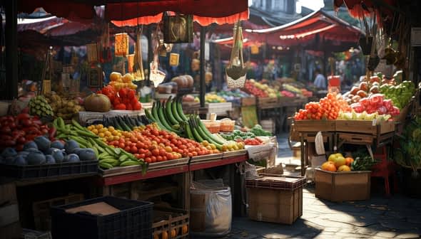 Outdoor market with various fruits and vegetables on display under red umbrellas, with vibrant colors and sunlight creating a lively atmosphere.