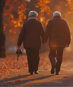 An elderly couple, dressed in warm coats, walks hand in hand down a path covered with autumn leaves. The sun sets in the background, casting a warm, golden light over the scene. The woman holds a small handbag.
